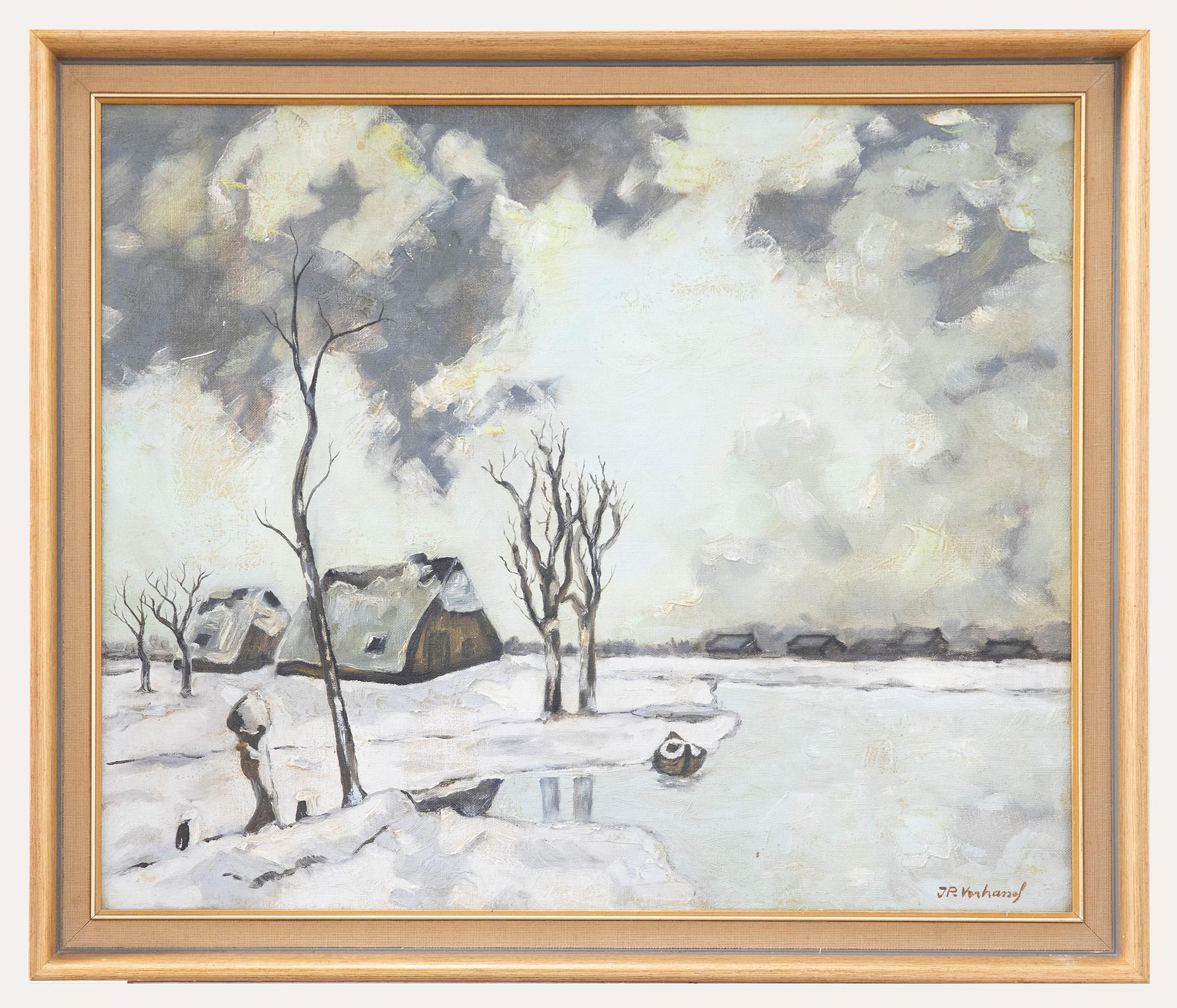 Unknown Landscape Painting - JP. Veahanef - Framed 20th Century Oil, Winter Landscape with Cottages