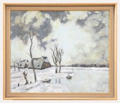 Vintage JP. Veahanef - Framed 20th Century Oil, Winter Landscape with Cottages