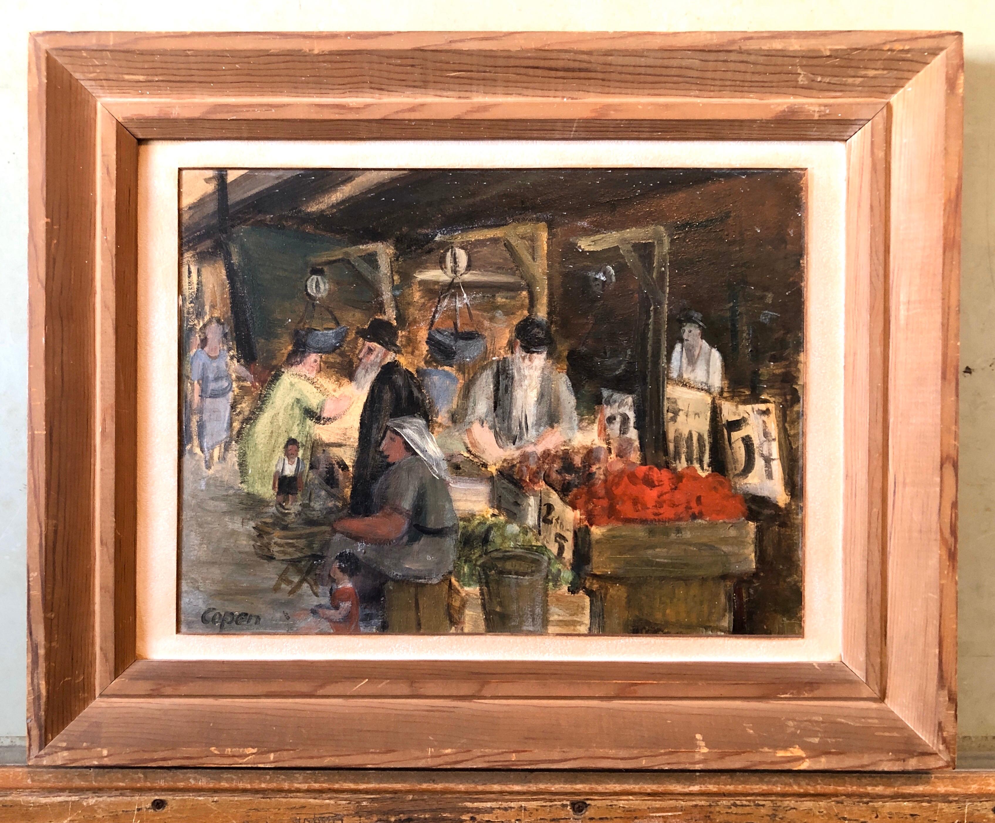 Judaica Escena de mercado, Shuk, Rabino jasídico europeo Pintura al óleo en venta 5