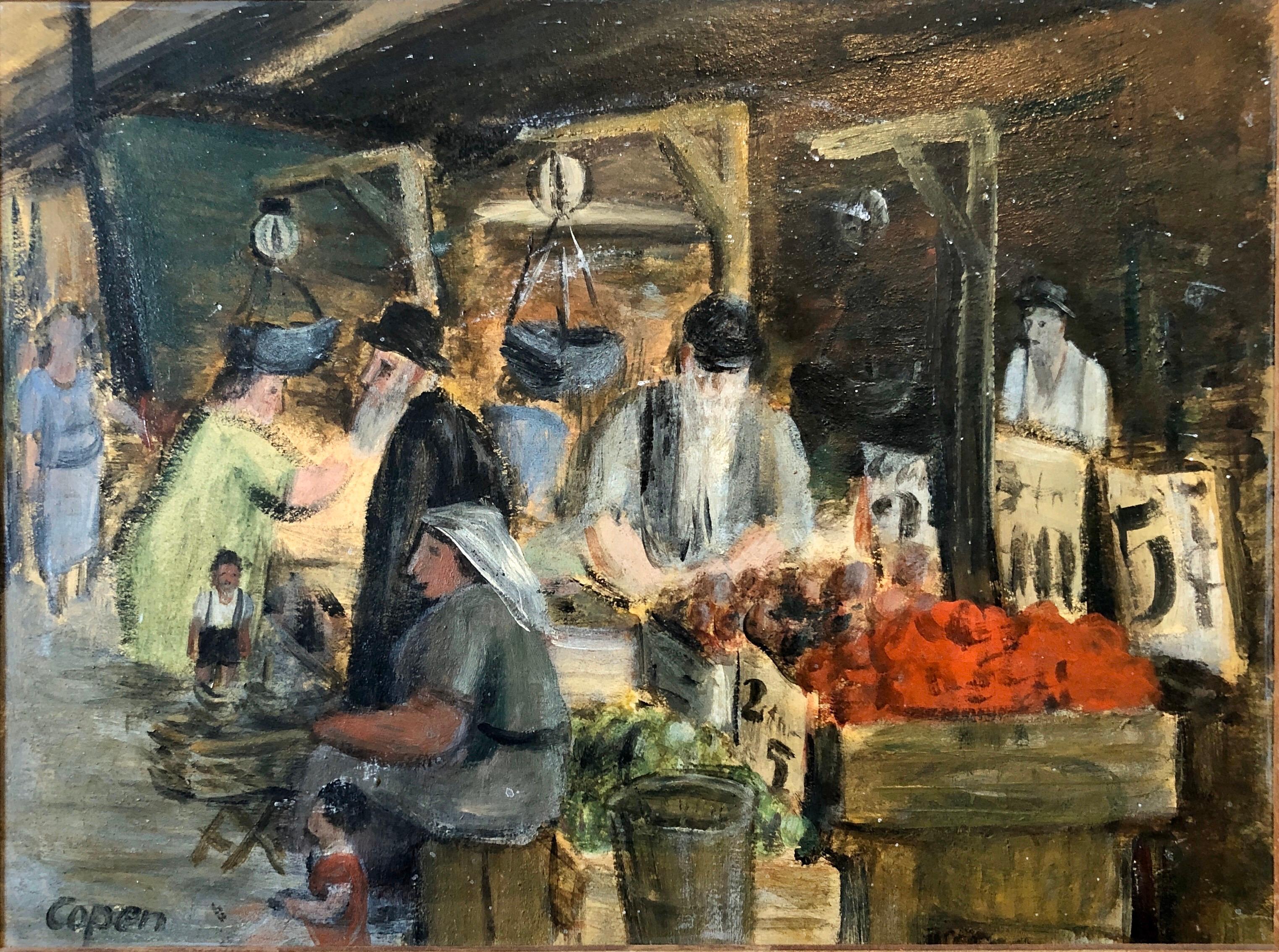  Judaica Market Scene, Shuk, European Hasidic Rabbi Oil Painting - Brown Figurative Painting by Unknown