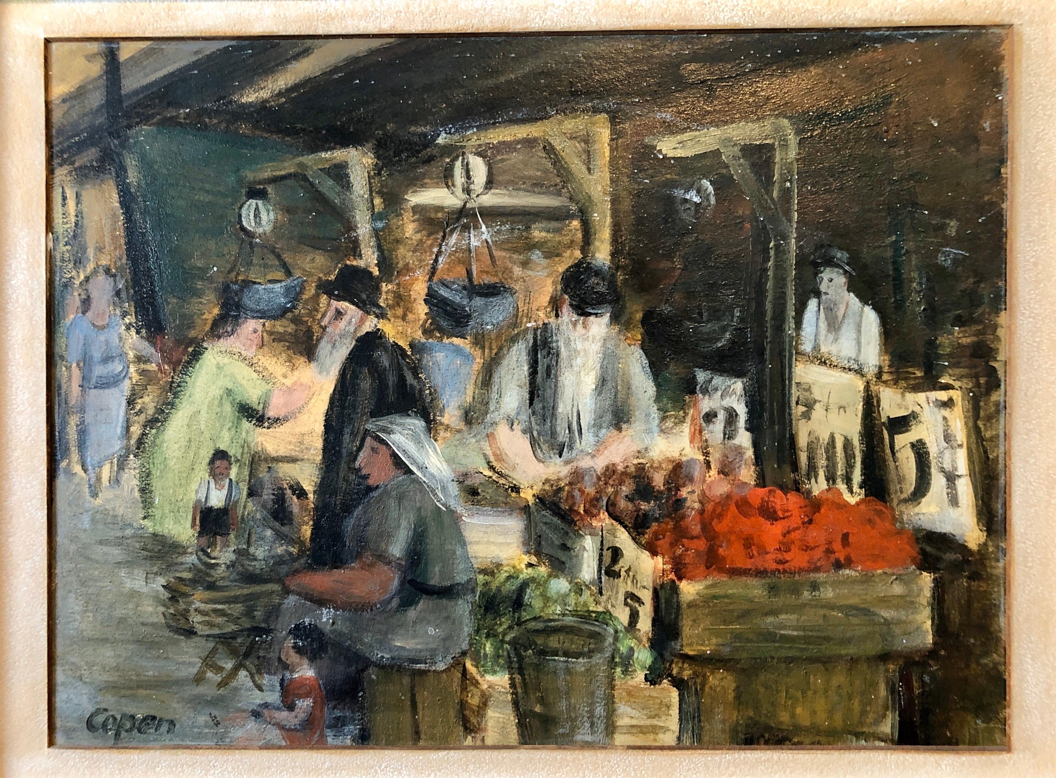  Peinture à l'huile - Scène de marché judaïque, Shuk, lapin israélien européen - Réalisme Painting par Unknown