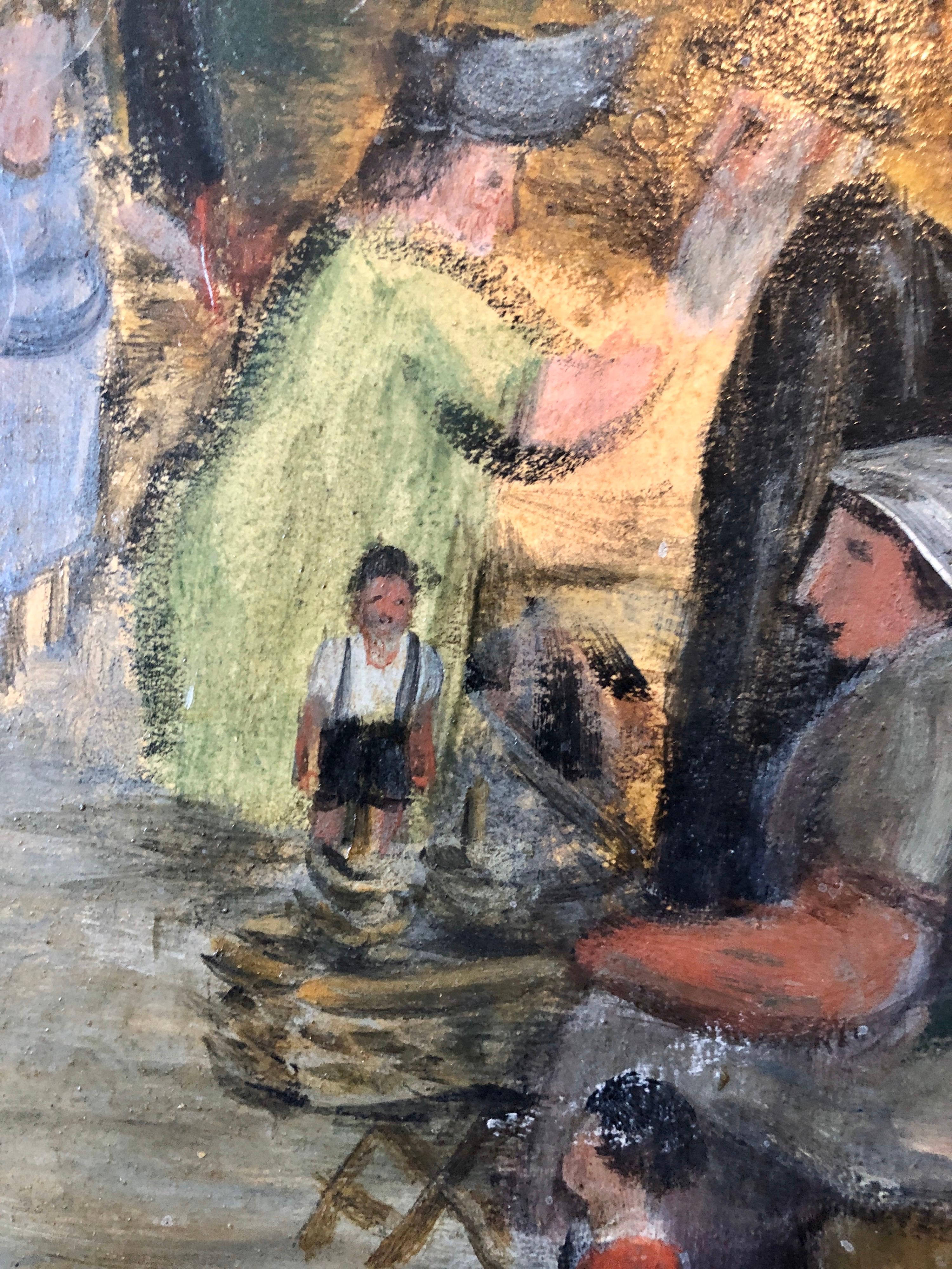cuadro enmarcado a la vista de 10 x 13,5 pulgadas, enmarcado a 15 x 19.
Retrato realista impresionista de un rabino mayor que visita el mercado. Niños jugando. Aquí el artista transmite una sensación de tranquila grandeza a través de los ojos de su