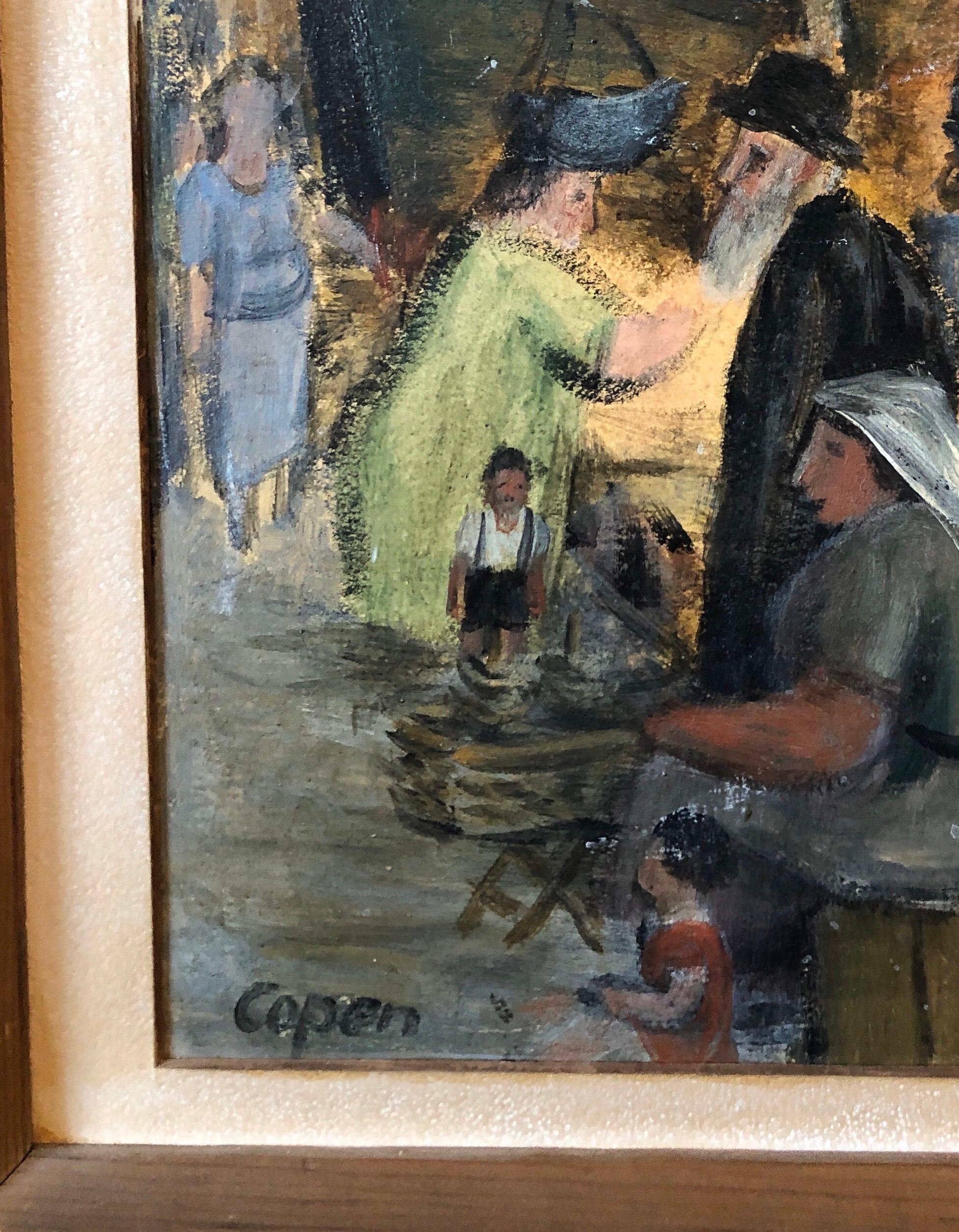 Judaica Escena de mercado, Shuk, Rabino jasídico europeo Pintura al óleo en venta 2