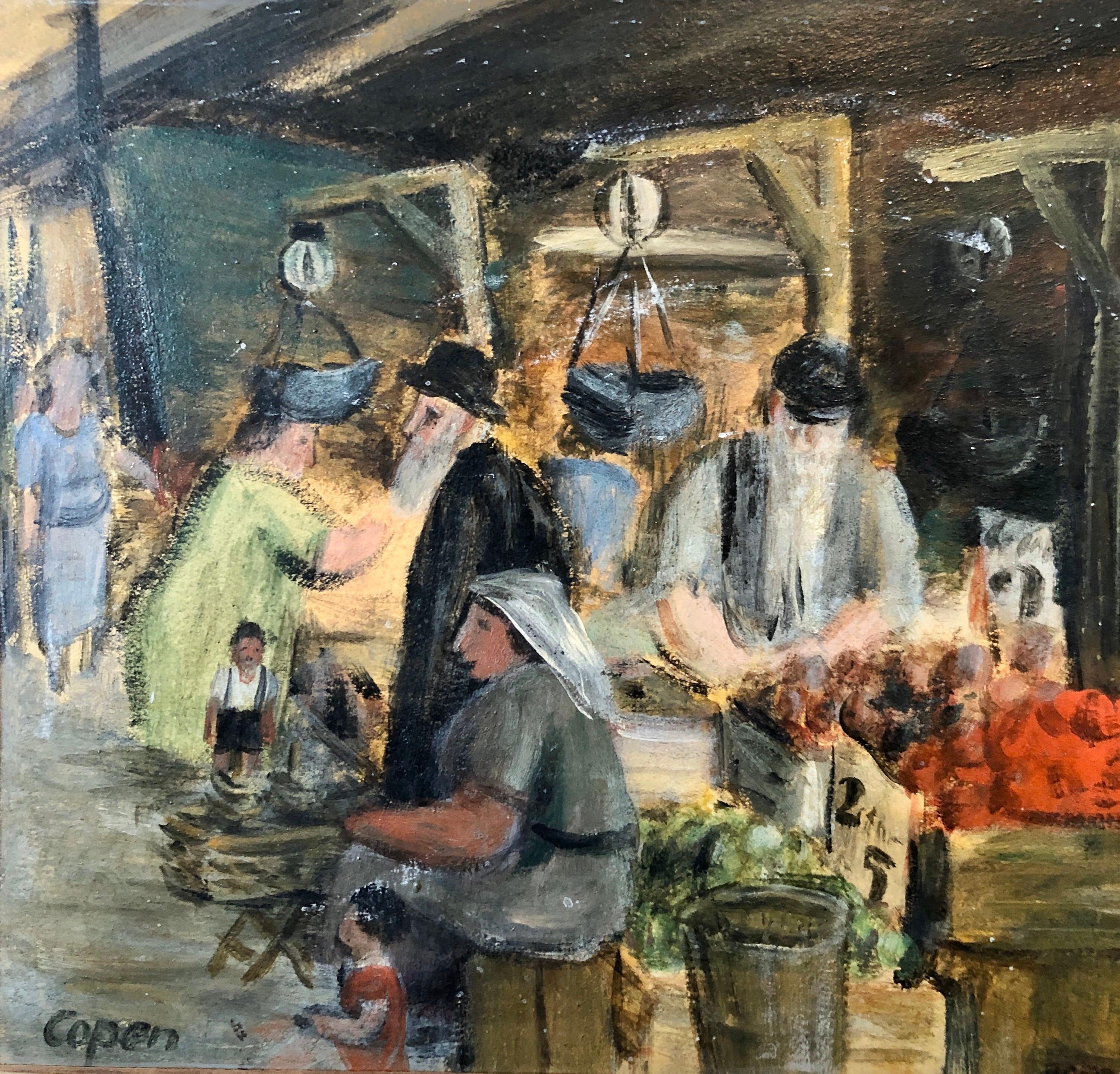Judaica Escena de mercado, Shuk, Rabino jasídico europeo Pintura al óleo en venta 3