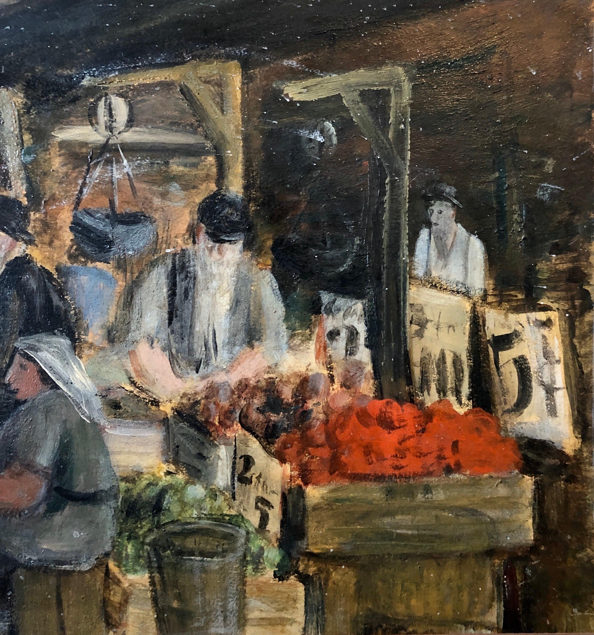 Judaica Escena de mercado, Shuk, Rabino jasídico europeo Pintura al óleo en venta 4