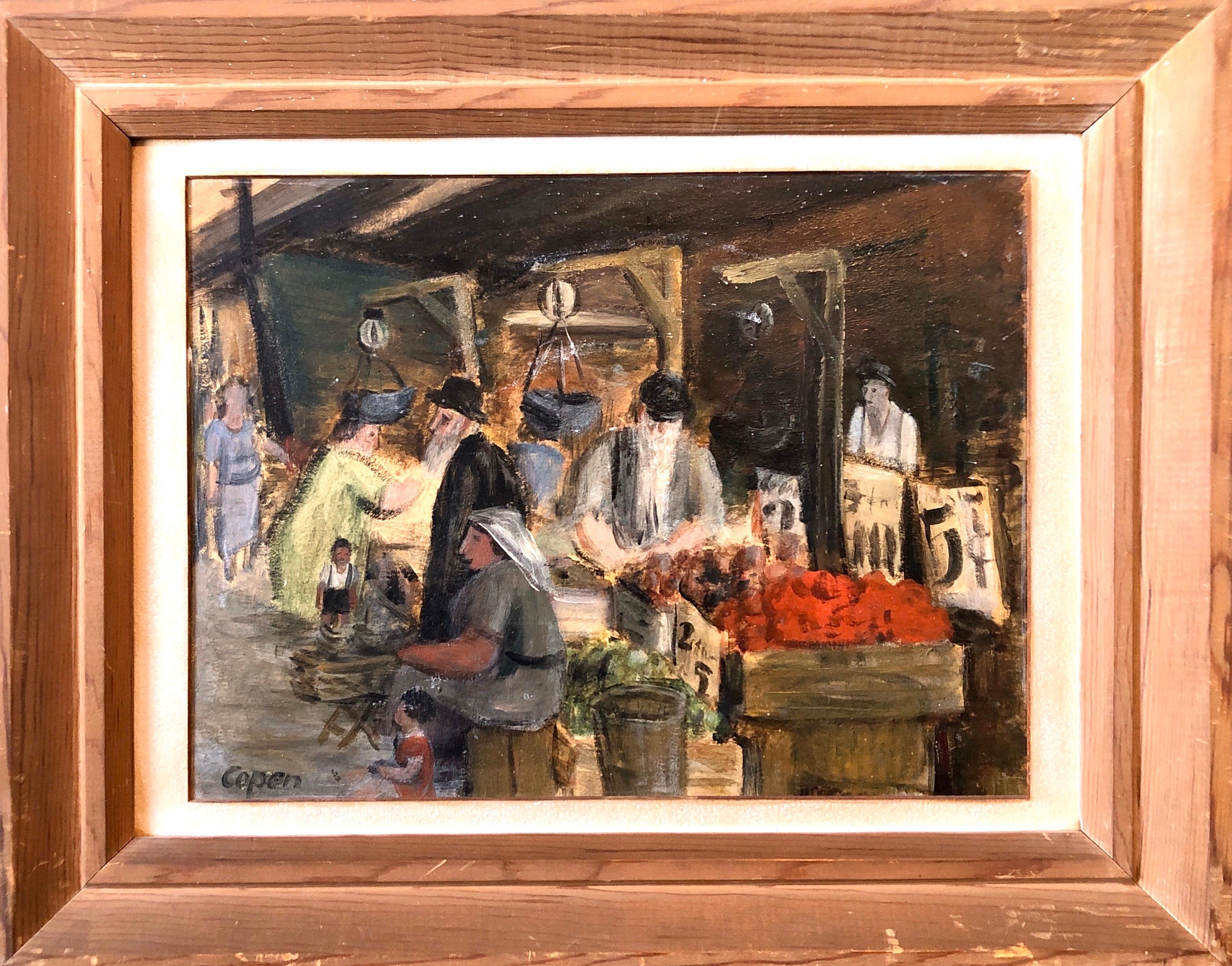  Judaica Market Scene, Shuk, European Hasidic Rabbi Oil Painting