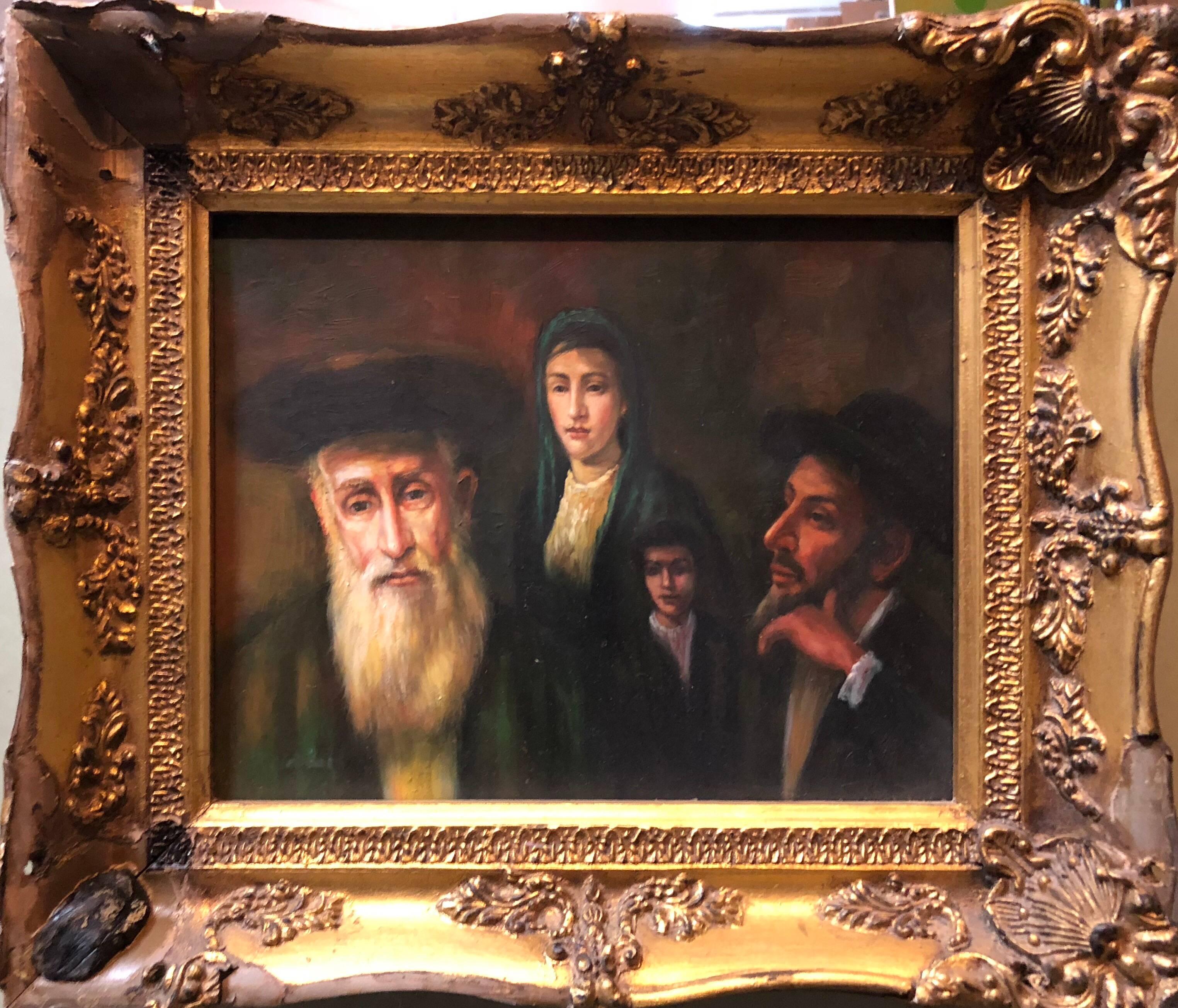  Judaica Miniature Oil Painting Jewish Family Scene - Black Figurative Painting by Unknown