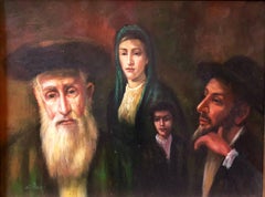 Vintage  Judaica Miniature Oil Painting Jewish Family Scene