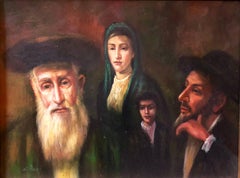 Judaica Pintura al óleo en miniatura Escena familiar judía