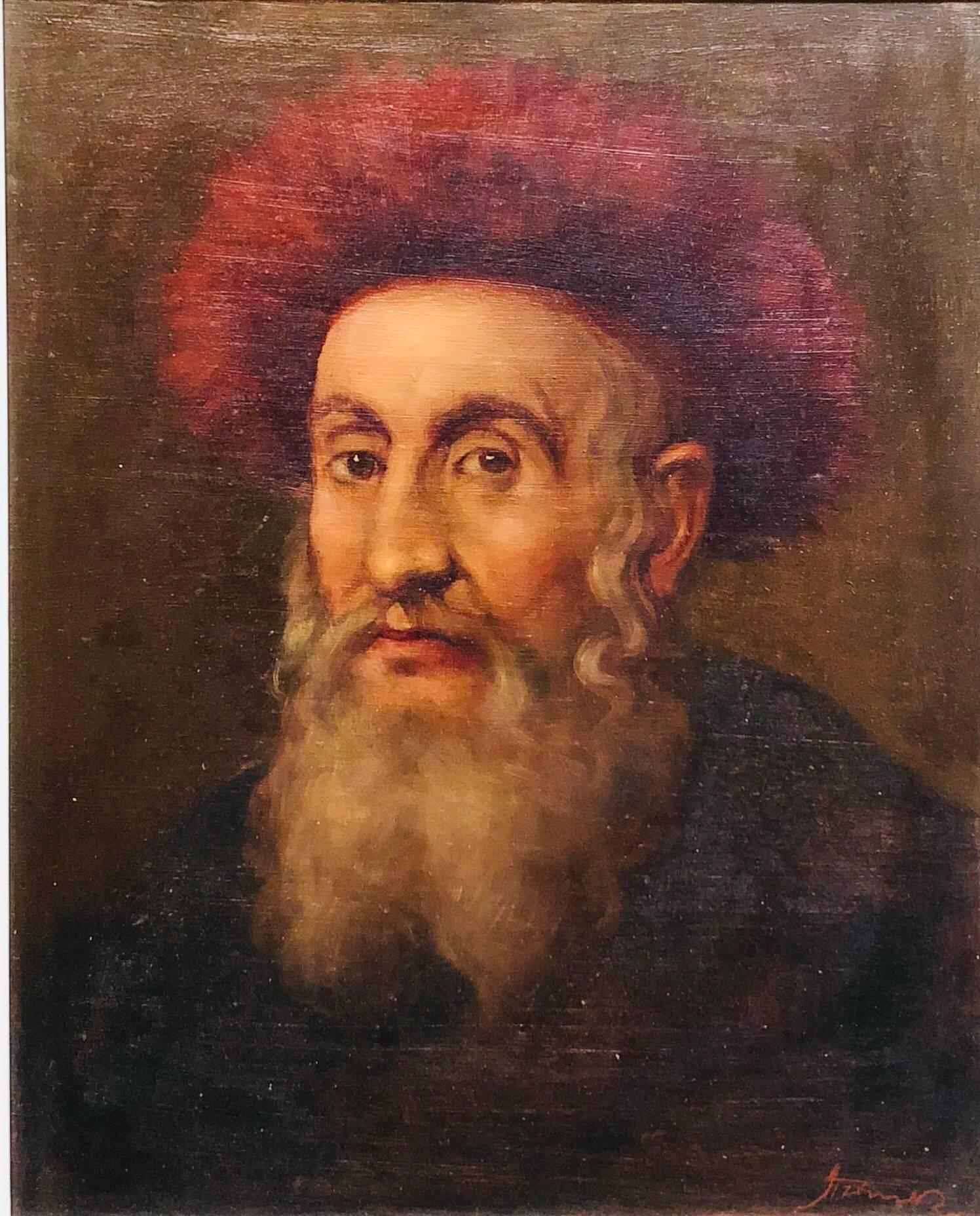 Unknown Figurative Painting -  Judaica "The Rebbe'" European Hasidic Rabbi Oil Painting