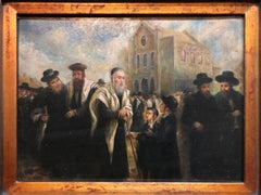Judaica "The Rebbe's Visit" European Hasidic Rabbi Oil Painting