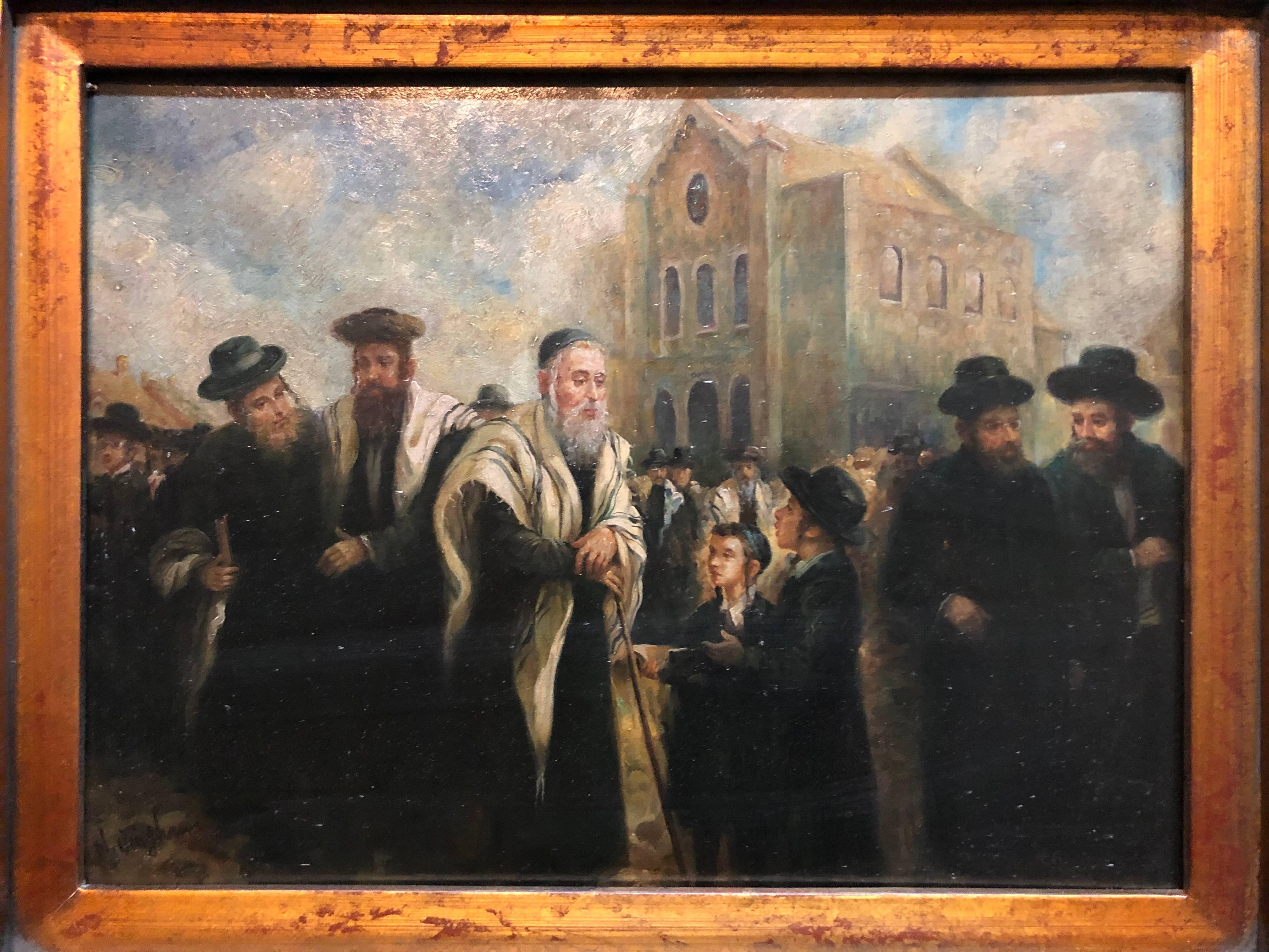 Realistic portrait of an older rabbi visiting and blessing a child in a European marketplace. Here the artist conveys a sense of quiet grandeur through the eyes of his subject and the way it's rendered. following a distinguished European lineage of