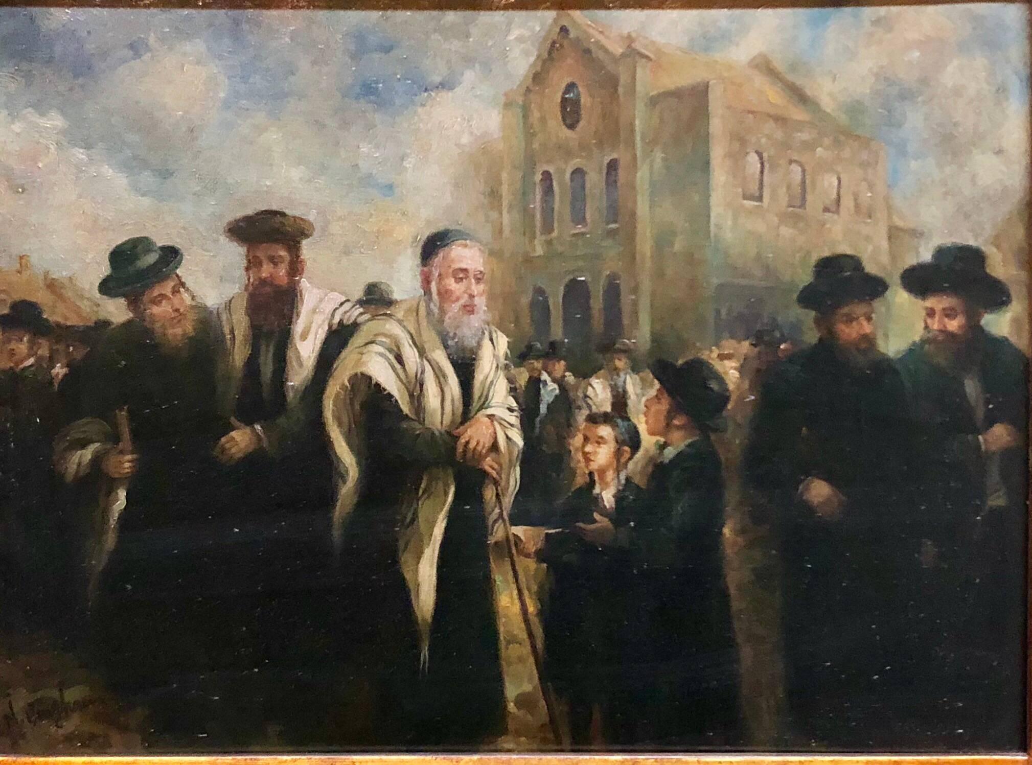  Judaica „“Der Besuch des Rebbes“, europäisches hasidisches Kaninchen, Ölgemälde (Realismus), Painting, von Unknown