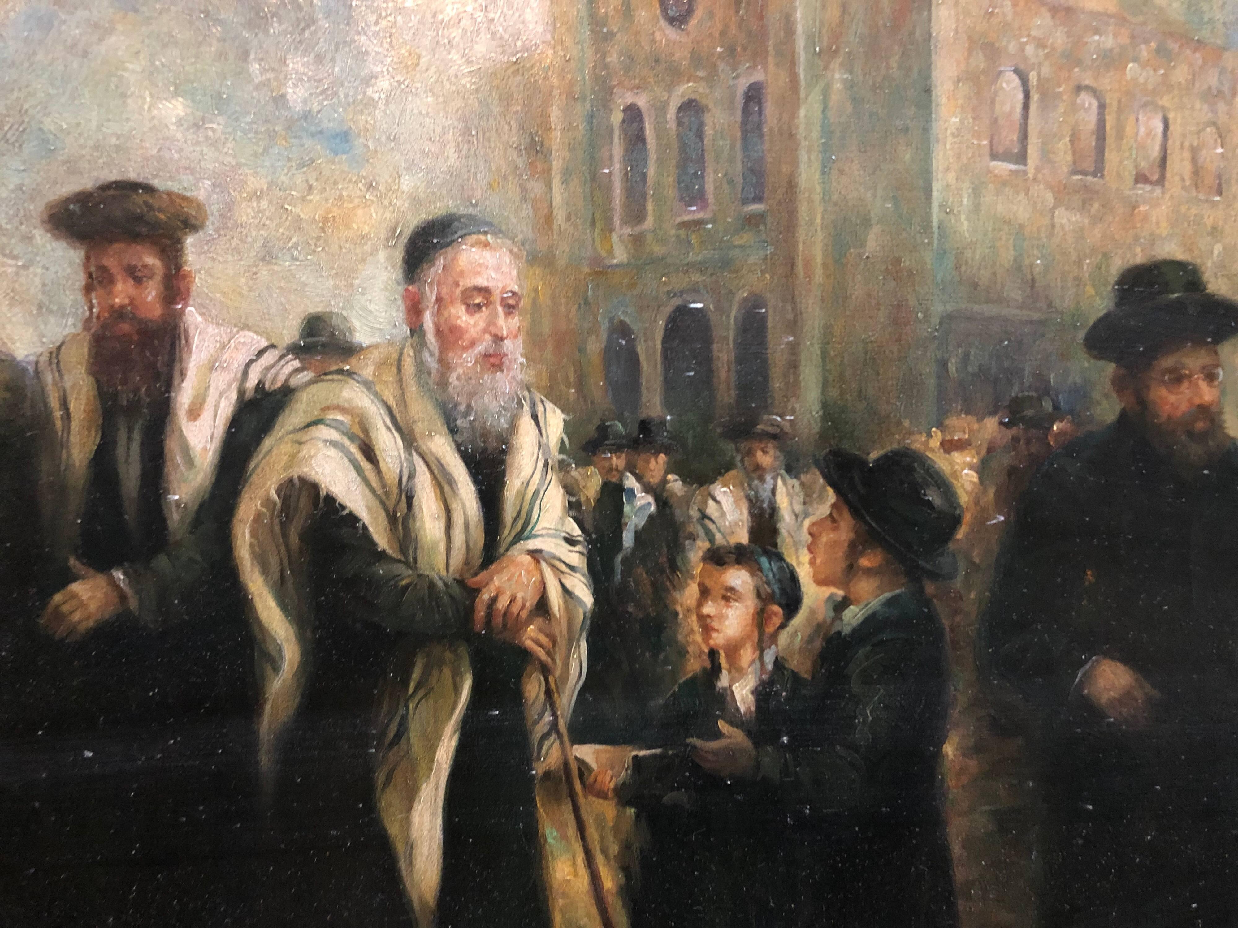 Portrait réaliste d'un rabbin âgé visitant et bénissant un enfant sur un marché européen. L'artiste transmet ici un sentiment de grandeur tranquille à travers les yeux de son sujet et la manière dont il est rendu. Il suit une lignée européenne