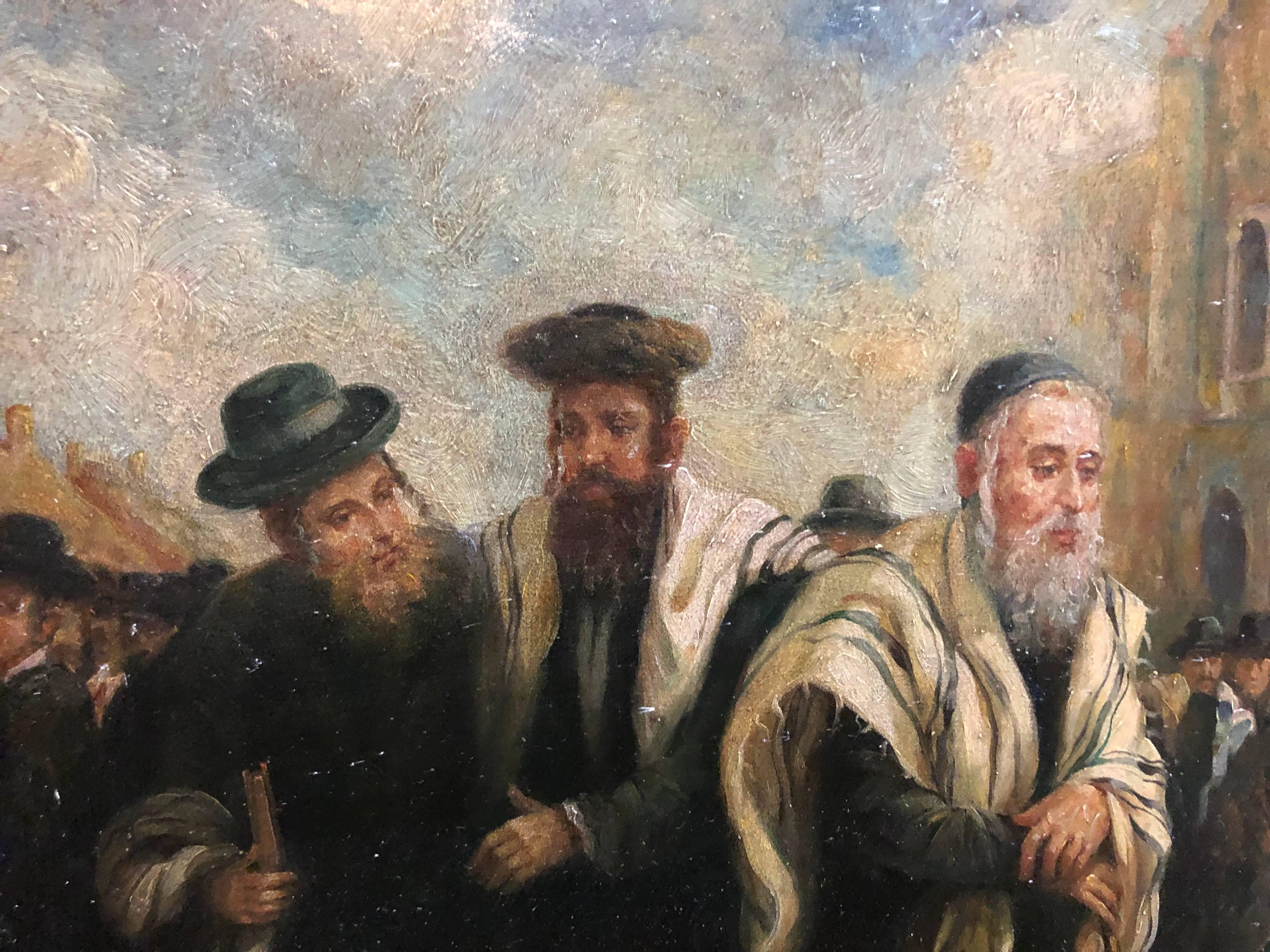 Realistisches Porträt eines älteren Rabbiners, der ein Kind auf einem europäischen Marktplatz besucht und segnet. Hier vermittelt der Künstler ein Gefühl von stiller Erhabenheit durch die Augen seines Motivs und die Art und Weise, wie es