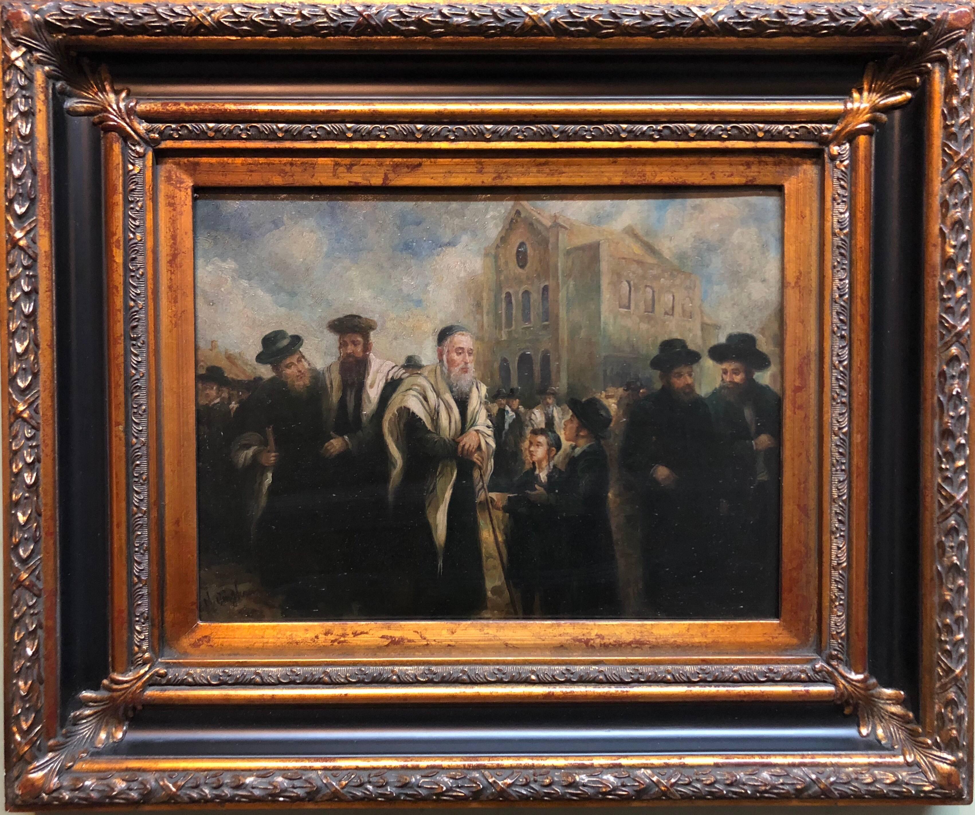 Realistic portrait of an older rabbi visiting and blessing a child in a European marketplace. Here the artist conveys a sense of quiet grandeur through the eyes of his subject and the way it's rendered. following a distinguished European lineage of