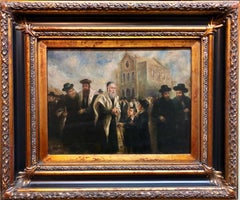 Vintage  Judaica "The Rebbe's Visit" European Hasidic Rabbi Oil Painting