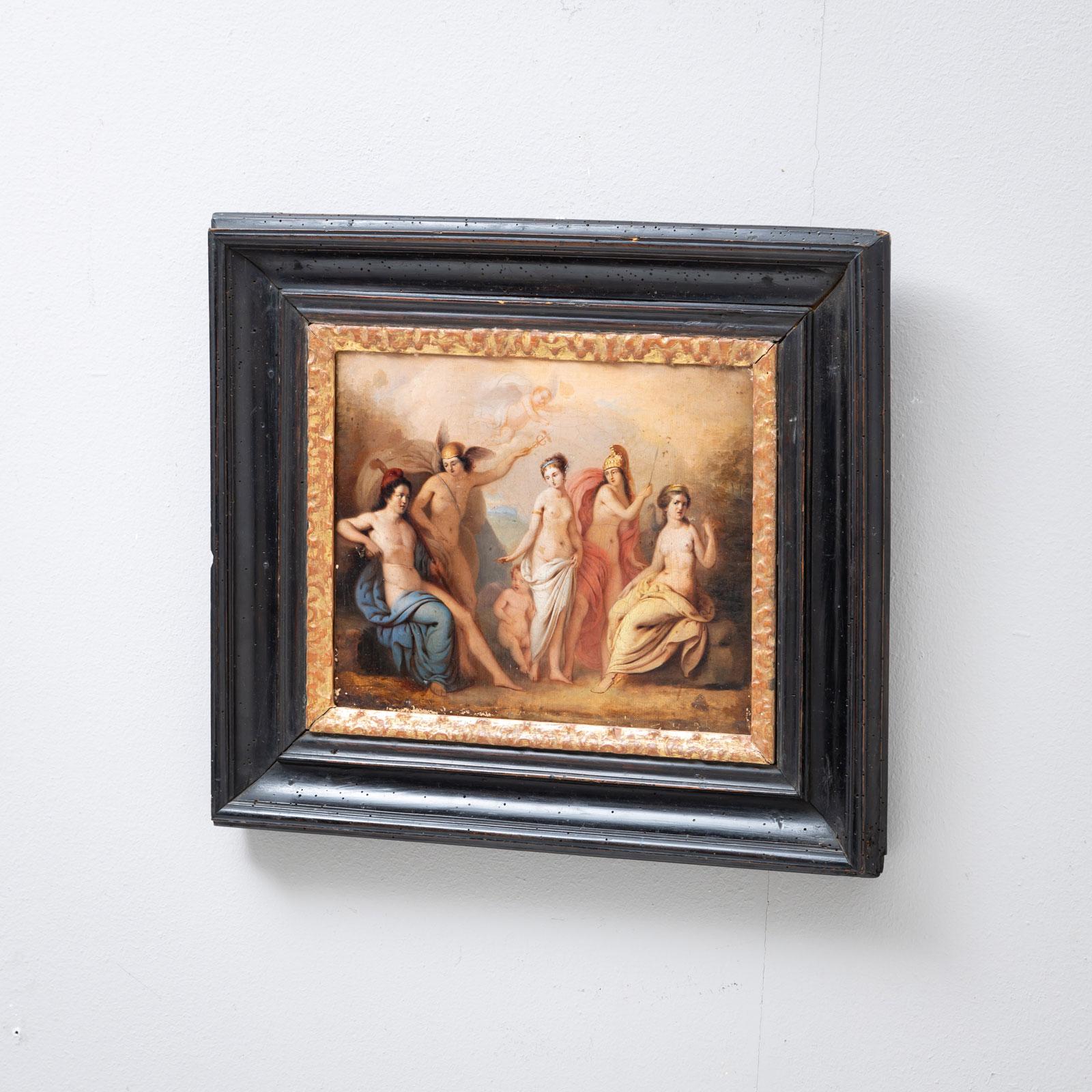 Peinture représentant le Jugement de Paris. Huile sur toile. Dimensions : 22 x 27,5 cm : 22 x 27,5 cm. Inscrit au dos du cadre : Giovani Barel ? Venezia. Cadre en bois profilé noir avec moulure intérieure dorée.