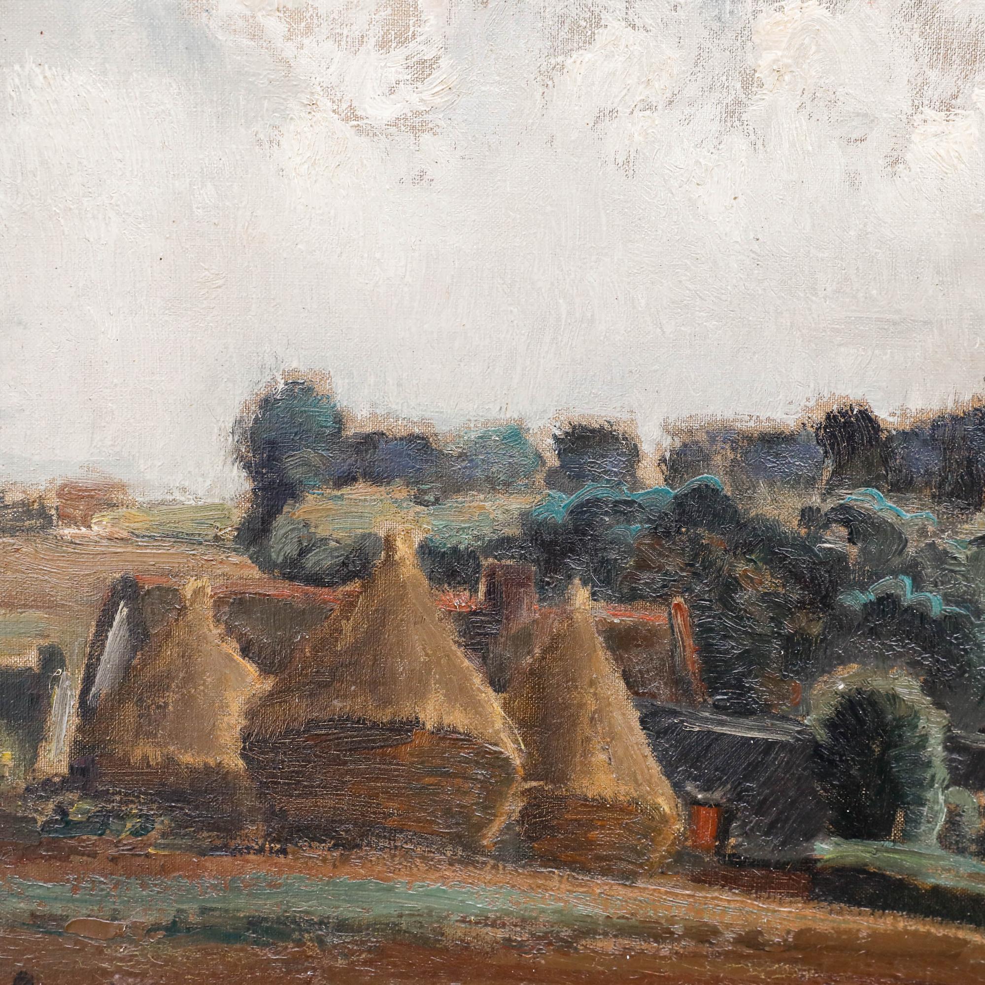 An impressionist oil painting by Jules Jacques Boulez (1889-1960), depicting a serene rural landscape with haystacks rendered under a dramatic cloud-filled sky. Well presented in a distressed picture frame with internal slip and acanthus