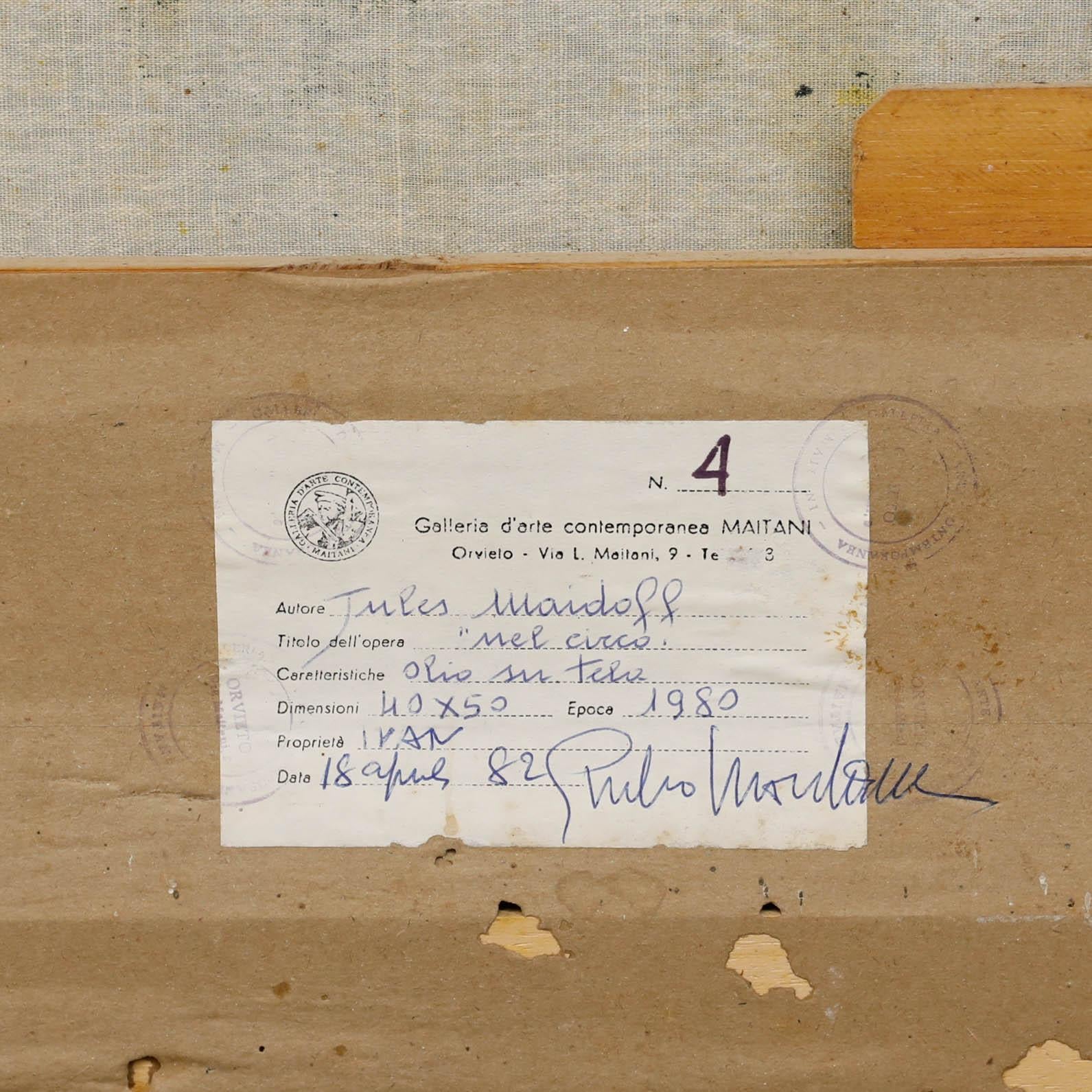 Originalkunstwerk des amerikanischen Künstlers Jules Maidoff (geb. 1933). Mel Cicco. Präsentiert in einem zeitgenössischen, vergoldeten Silberrahmen mit rückseitig beschriftetem Label der Galleria d'arte contemporanea Maitani. Unterschrieben. Auf
