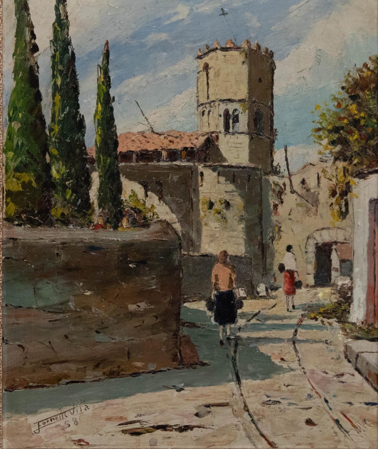 Julia Fornells Vila (1920-1983) - Olio incorniciato, Passeggiando per Townes - Painting di Unknown