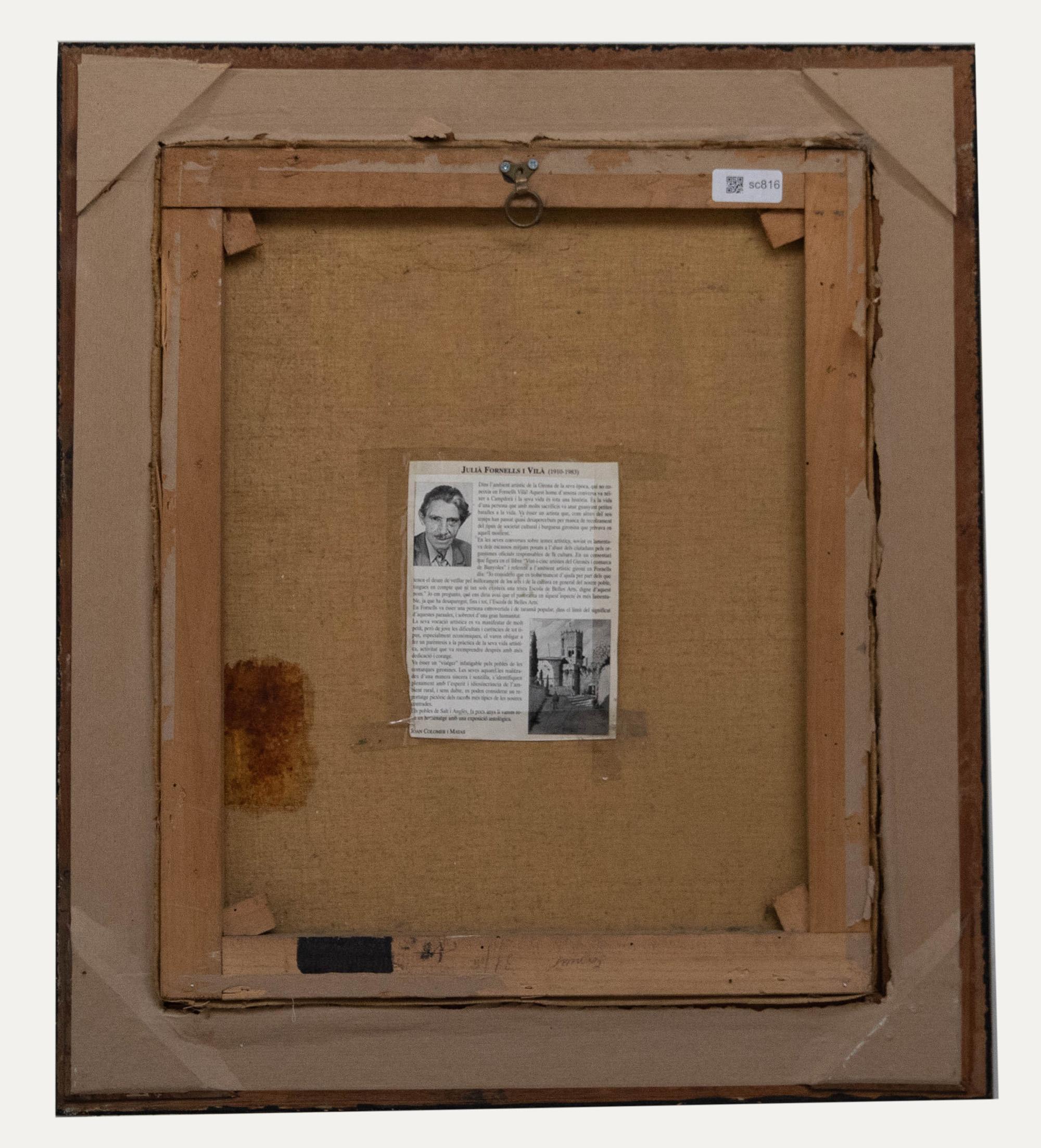 Julia Fornells VILÀ (1920-1983). Scena impressionista ad olio. Firmato in basso a sinistra e datato '58. Presentato in una bella cornice nera con delicati motivi a correre sulla finestra interna. Su tela su barelle.