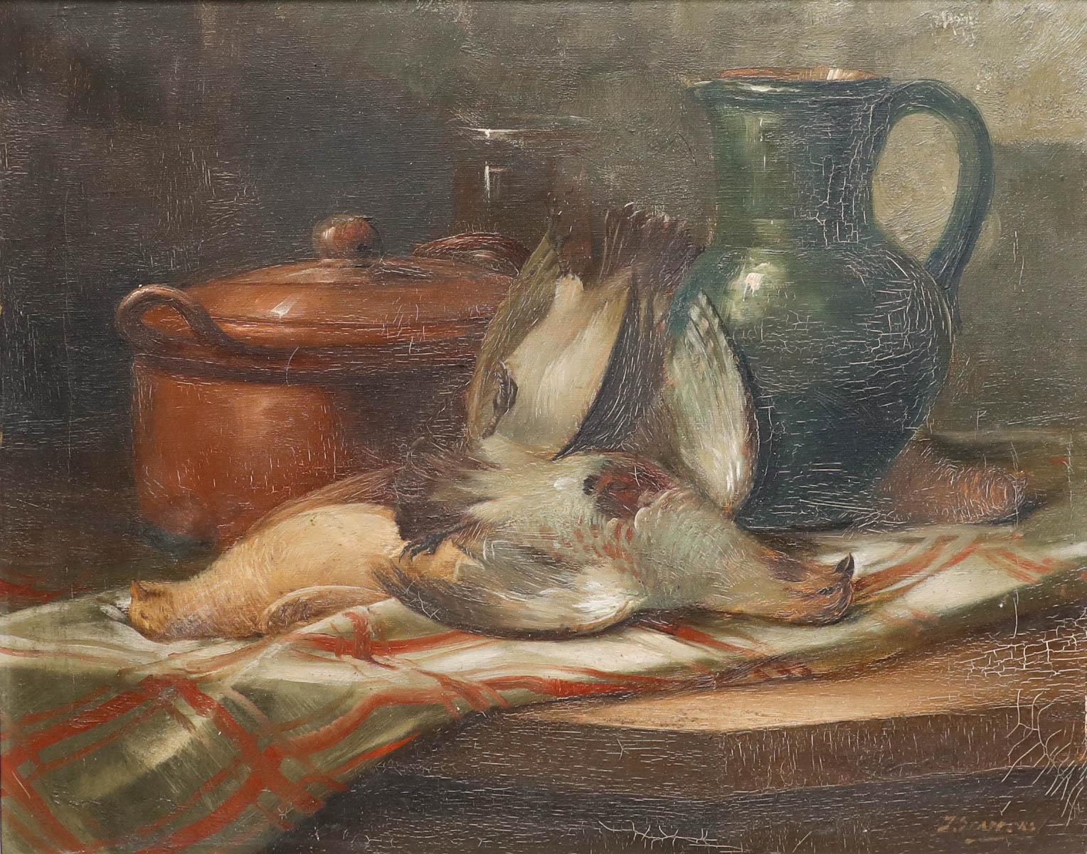 Julien Stappers (1875-960) - Gerahmtes Ölgemälde, Stillleben mit grauem Teilridge – Painting von Unknown
