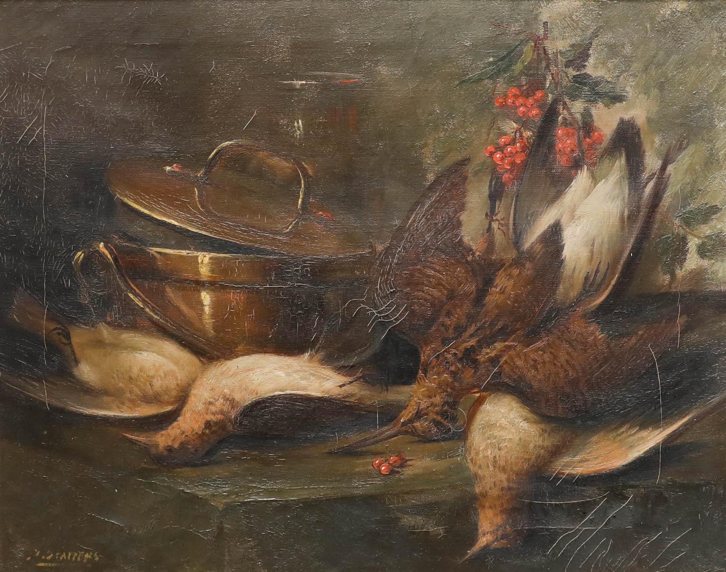 Julien Stappers (1875-960) - Gerahmtes Ölgemälde, Stillleben mit Holzcock – Painting von Unknown