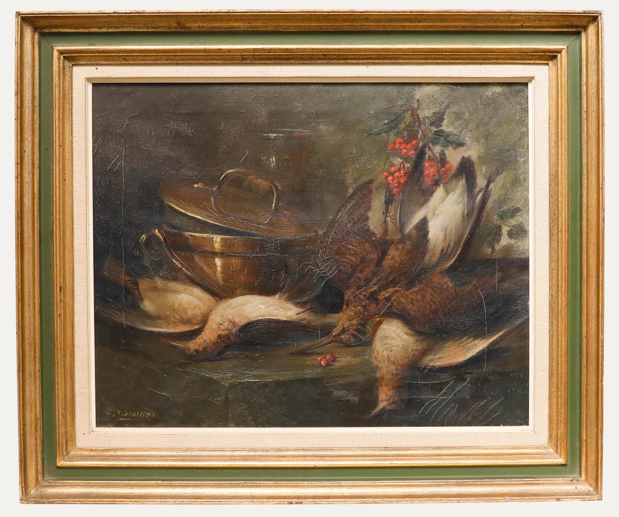 Unknown Still-Life Painting – Julien Stappers (1875-960) - Gerahmtes Ölgemälde, Stillleben mit Holzcock