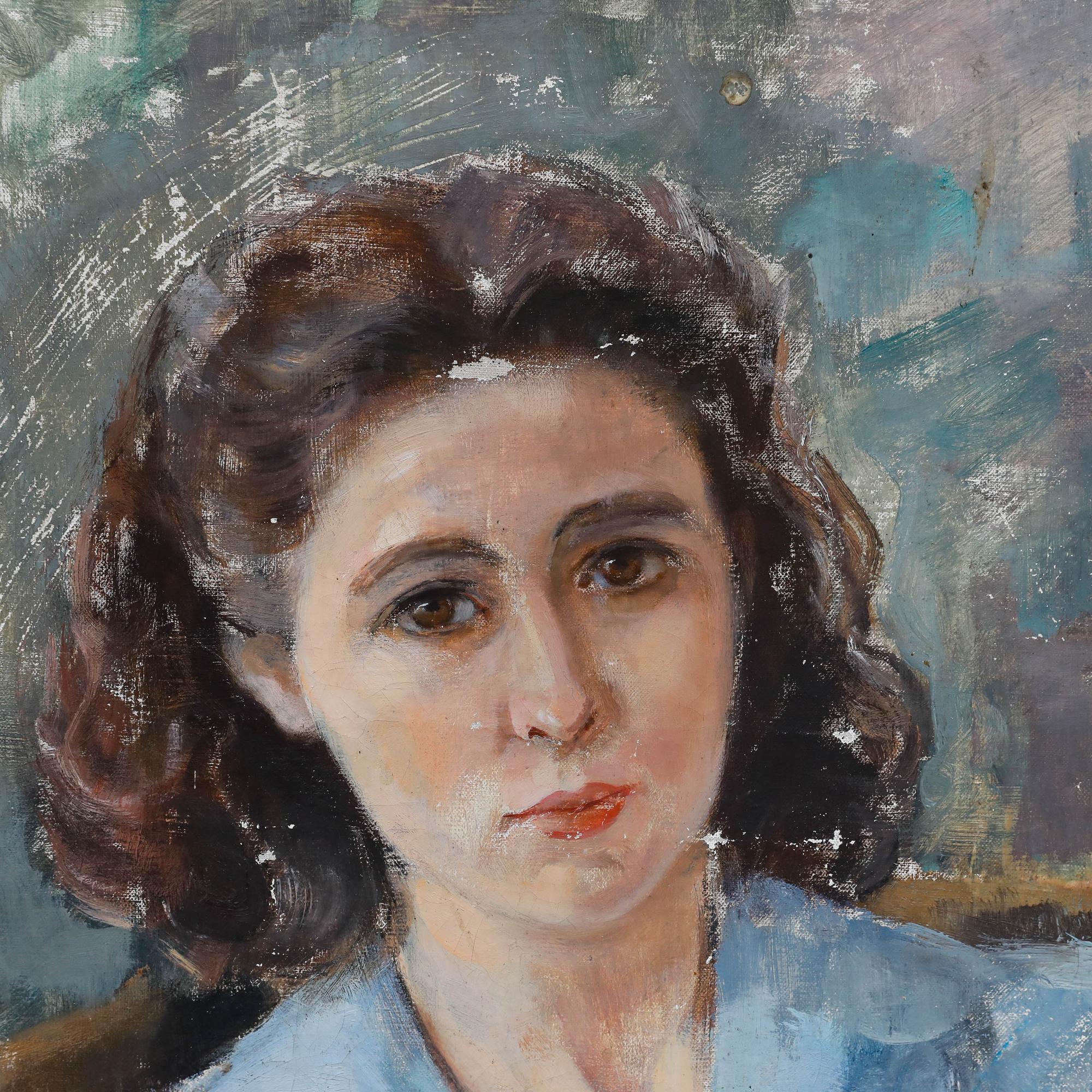 Un delizioso dipinto della metà del XX secolo dell'artista Juliette Emery-Moens (1900-1990), che raffigura una giovane donna dagli occhi nocciola vestita di blu. Firmato in basso a destra. Su tela su barelle. 