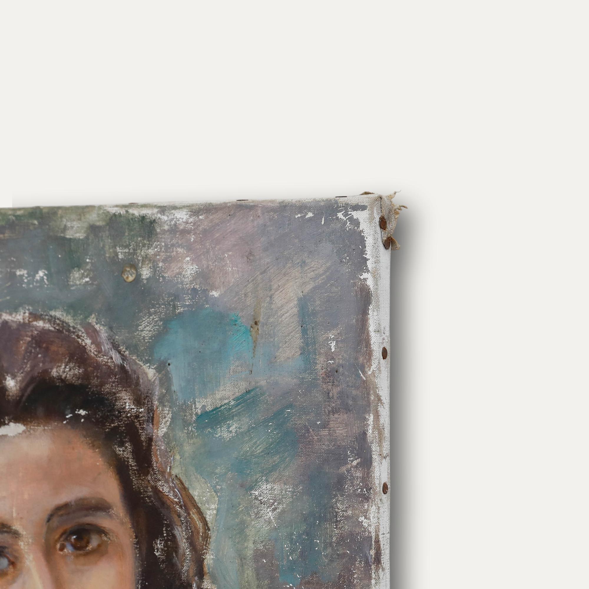 Juliette Emery-Moens (1900-1990) - Olio della metà del XX secolo, Signora in camicetta blu in vendita 1