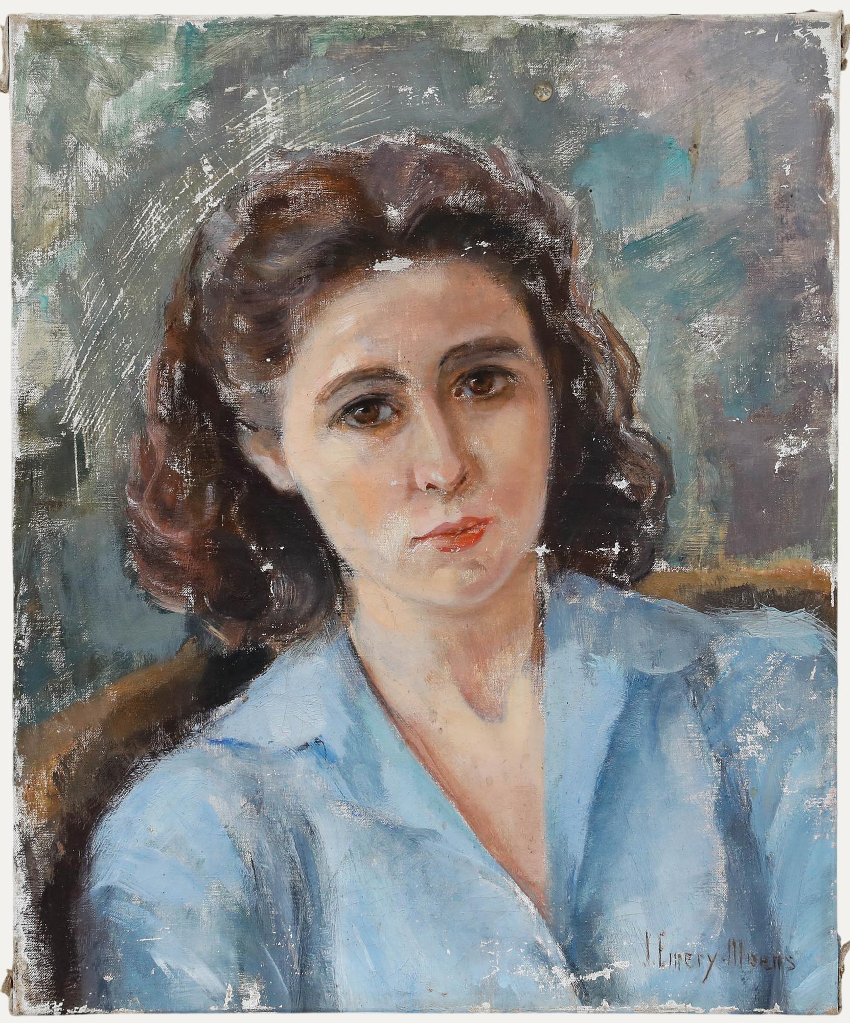 Portrait Painting di Unknown - Juliette Emery-Moens (1900-1990) - Olio della metà del XX secolo, Signora in camicetta blu