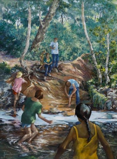 June Bevan (b.1927) - 20th Century Acrylic, Children Paddling in Bramhall Park