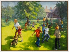 June Bevan (1927) - Acrylique du 20e siècle, enfants jouant dans le parc de Bramhall