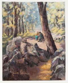 June Bevan (n.1927) - Siglo XX Óleo, Un bosque cerca de Sheffield