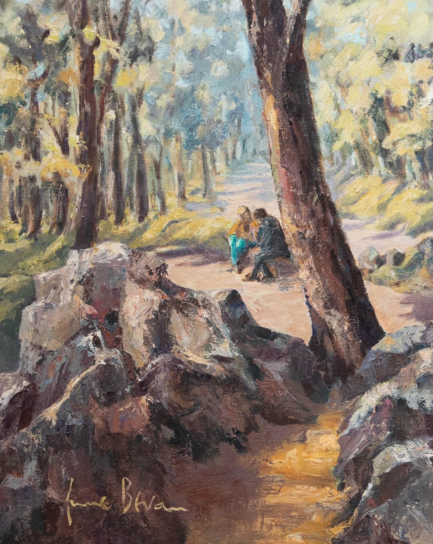 Unknown Landscape Painting – June Bevan (geb. 1927) - 20. Jahrhundert Ölgemälde, Ein Wald in der Nähe von Sheffield