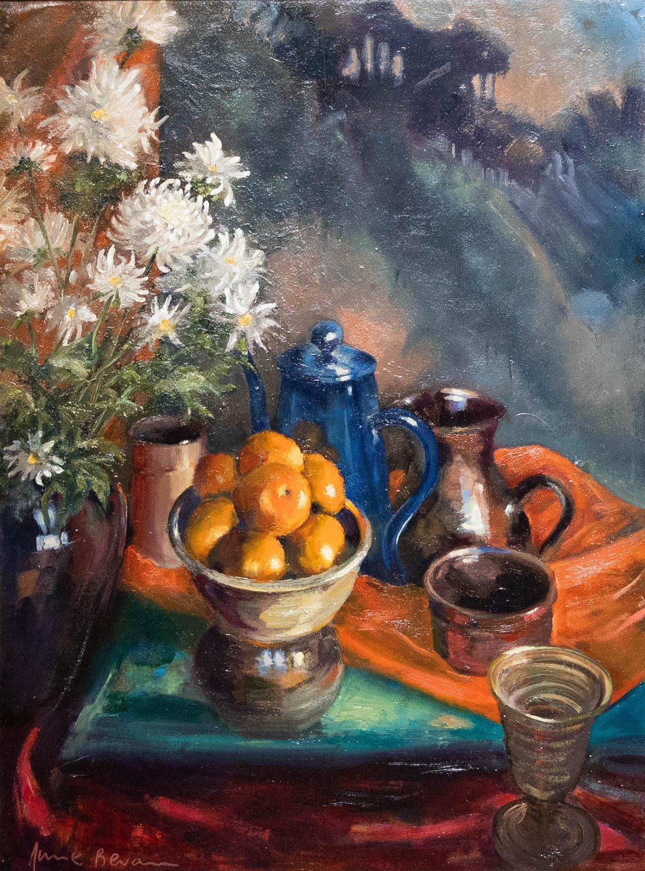 June Bevan (b.1927) - 20th Century Oil, Chrysanthemums, Clementines and Teapot - Painting by Unknown