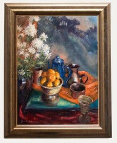 June Bevan (b.1927) - 20th Century Oil, Chrysanthemums, Clementines and Teapot