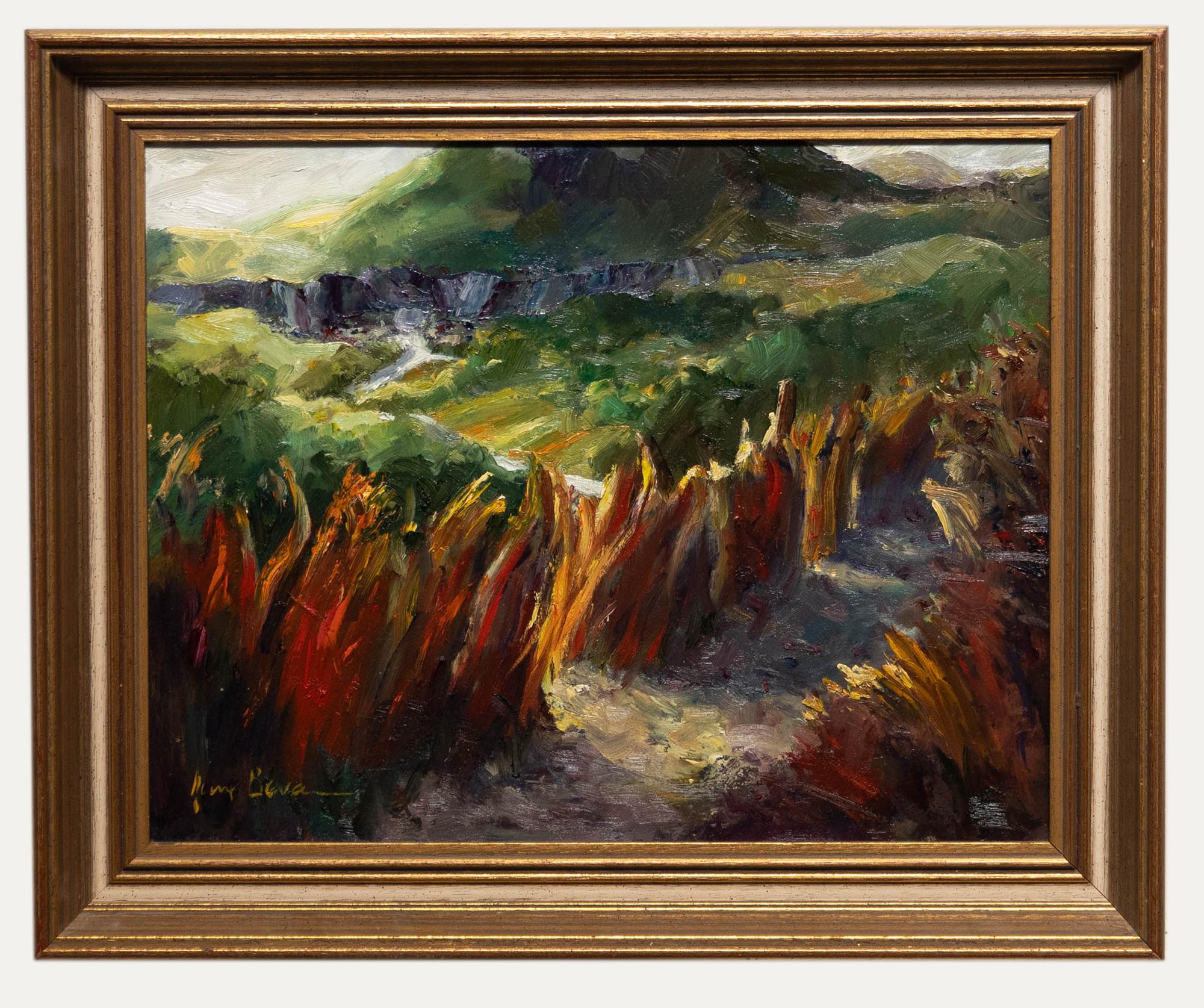 June Bevan (geb. 1927) - 20. Jahrhundert Öl, Schiefergießerei mit Distanz, Nordwales, Öl