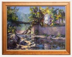 June Bevan (geb. 1927) - 20. Jahrhundert Öl, Fußgängerbrücke bei Agios Ioannis