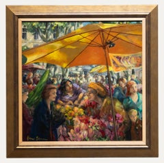 June Bevan (geb. 1927) – Französischer Blumenmarkt, Öl, 20. Jahrhundert, Französisch