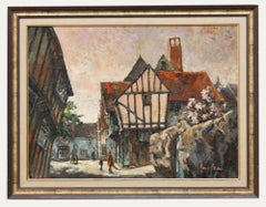 June Bevan (nata nel 1927) - Olio del XX secolo, Piazza del mercato di Lavenham, Suffolk
