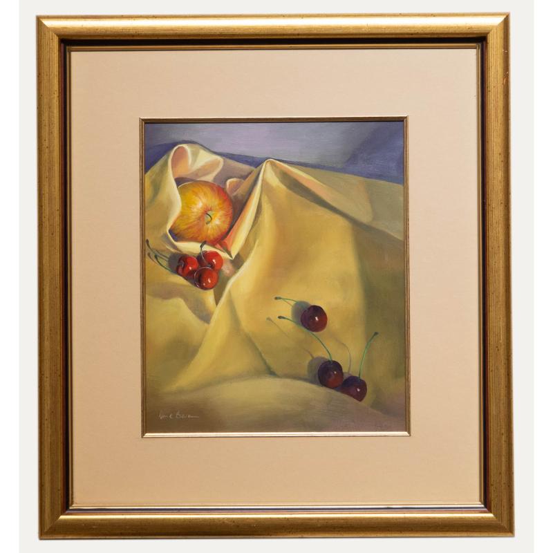 Unknown Still-Life Painting – June Bevan (geb. 1927) - 20. Jahrhundert Öl, Königliche Gala mit sechs Kirschen