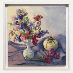 Vintage June Bevan (b.1927) - 20th Century Oil, Sweet Peas in White Vase