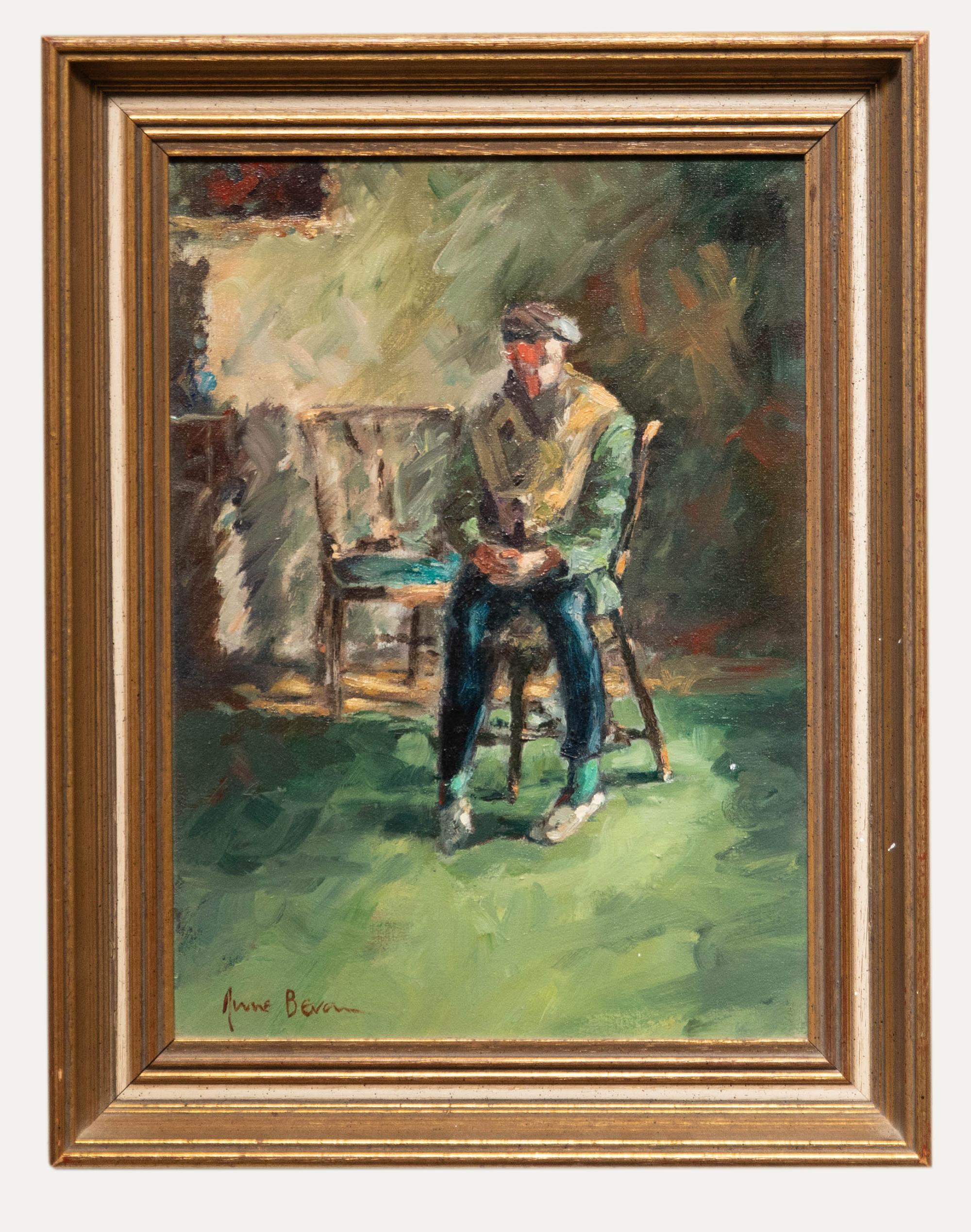 Portrait Painting Unknown - June Bevan (né en 1927) - Huile du 20e siècle, Le jardinier