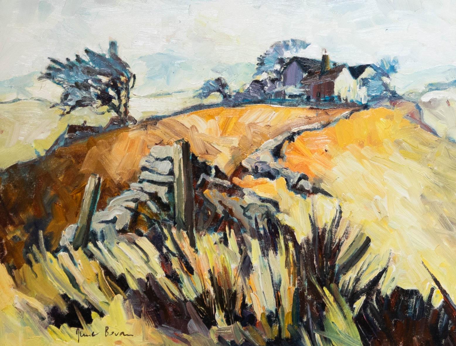 June Bevan (nata nel 1927) - Olio del 20° secolo, Il campo giallo - Painting di Unknown