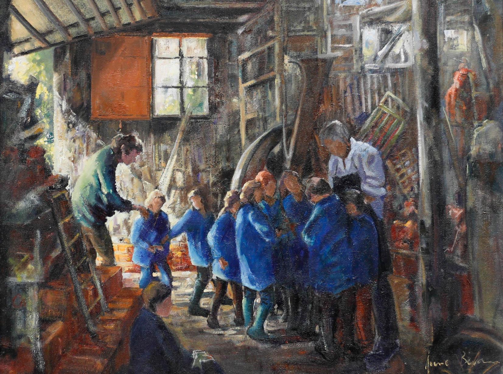June Bevan (nata nel 1927) - Olio del XX secolo, Visita alla fabbrica di mattoni - Painting di Unknown