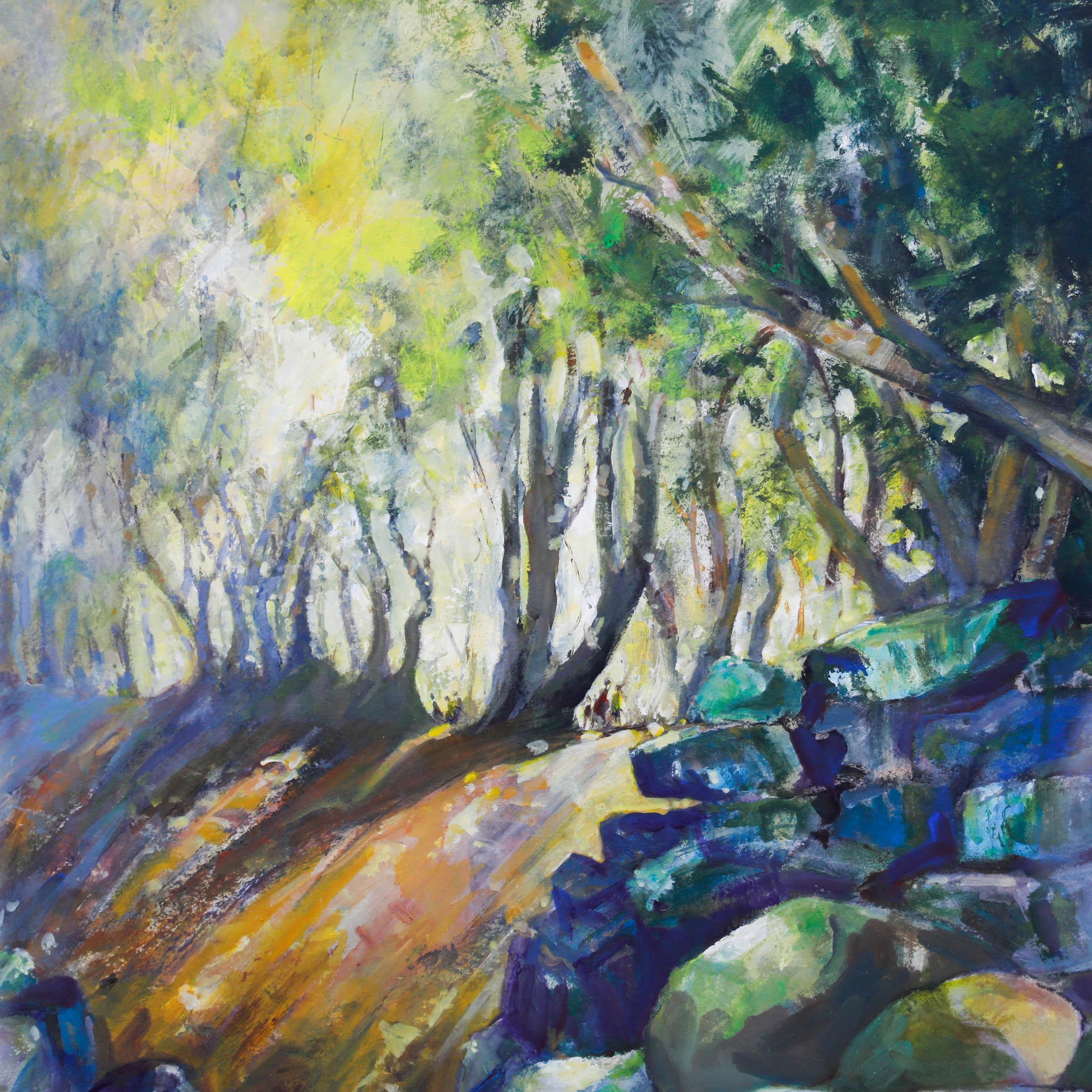 Impressionist scene in acrylic. Presented in a large wooden frame. Signed to the lower right. Titled to the reverse. On paper.