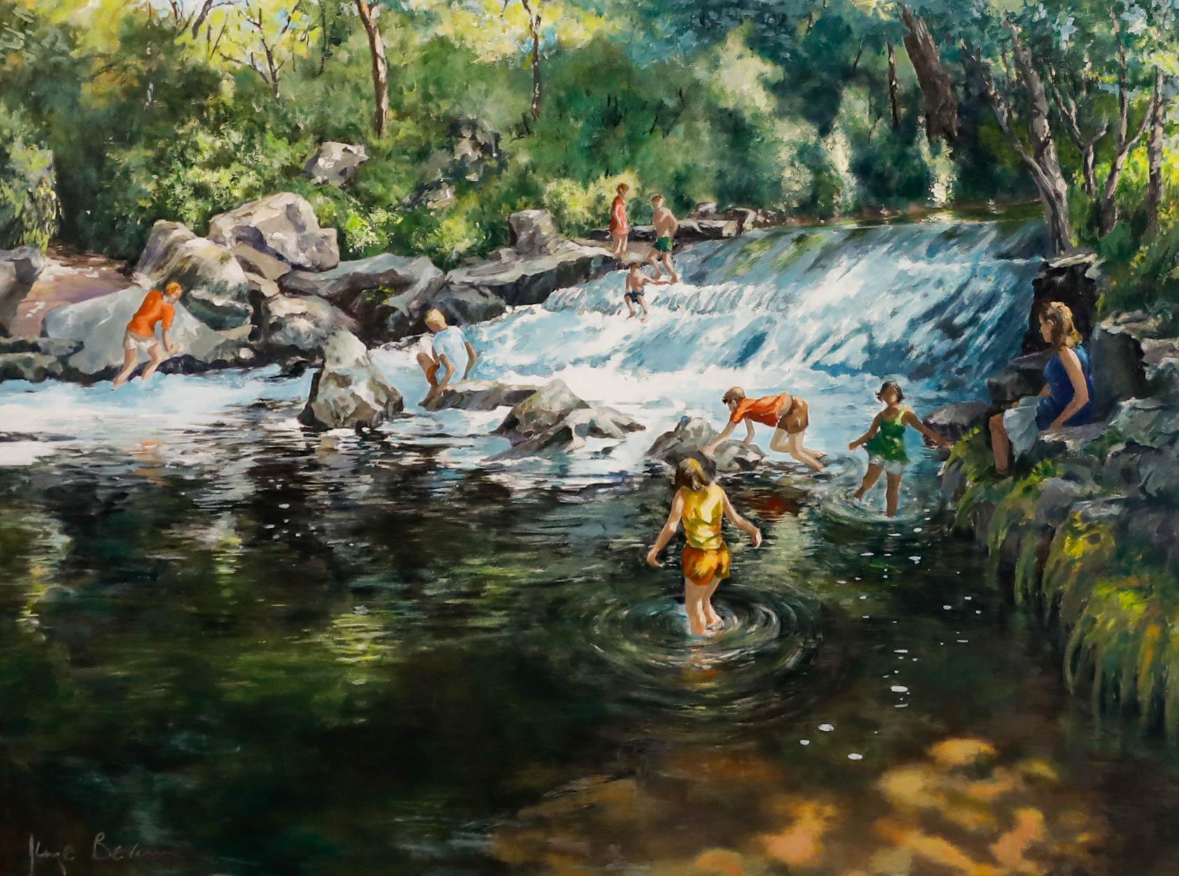 June Bevan (b.1927) - Framed 20th Century Acrylic, Waterfall in Bramhall Park - Painting by Unknown