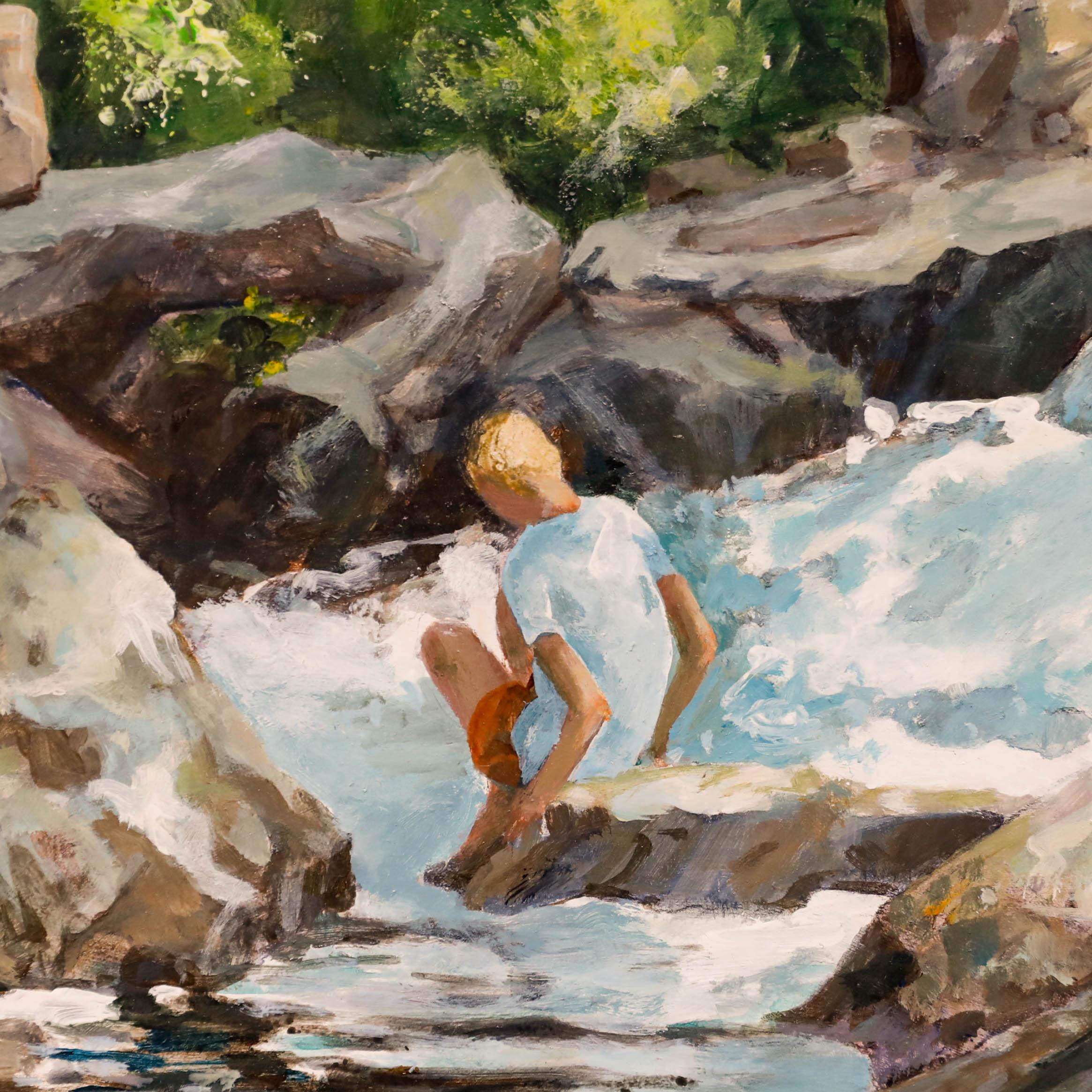 June Bevan (b.1927) - Framed 20th Century Acrylic, Waterfall in Bramhall Park 1